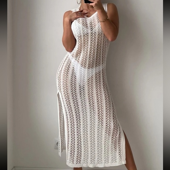 Boho Crochet Lace Sheer Mesh Hollow Out Split Beach Cover Up Dress - Picture 3 of 6